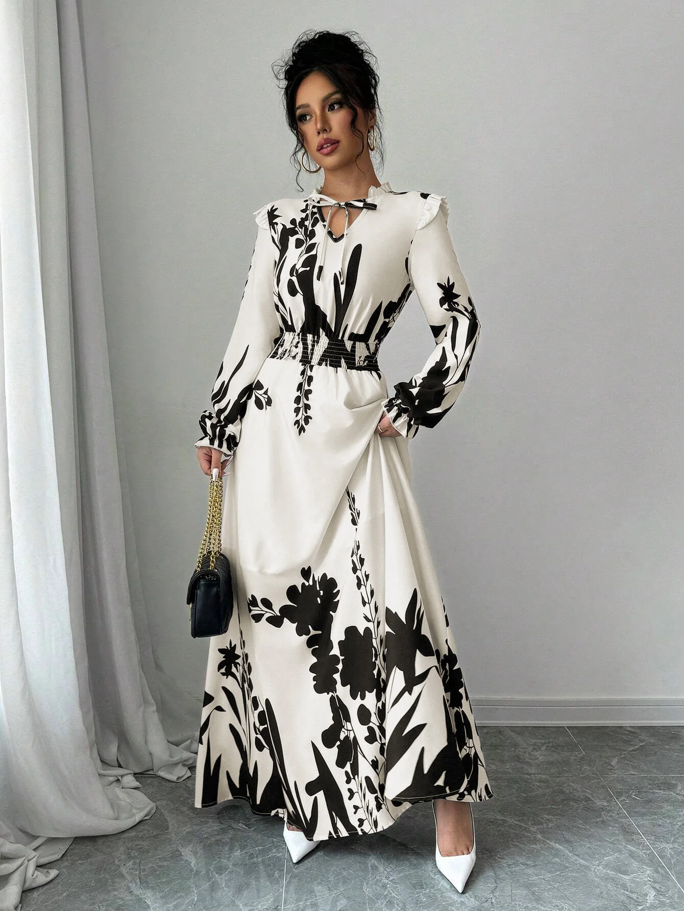 فستان نسائي مطبوع بأكمام طويلة ورقبة ربطة عنق، زي نسائي طويل أنيق مناسب لملابس الخريف والشتاء. #1