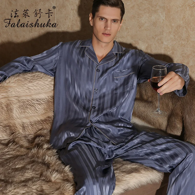 19 momme 100% natural silk sexy Striped men sleepwear Long sleeve pajama sets Elegant fashion silk sleepwear T9082