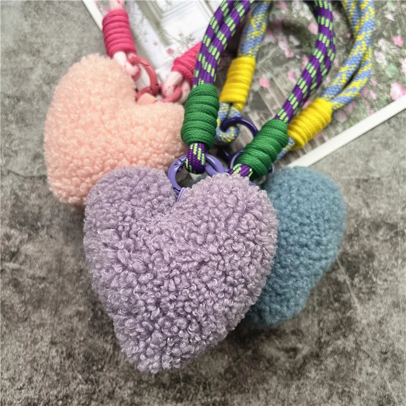 Keychain for Phone Lanyard Plush Wrist Strap Colorful Hearts Keychain Lanyard Bag Decorate Keyring Pendant Premium Key Cord