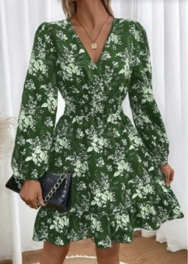 Damska Sukienka Krótka w Kwiatowy Wzór z Głębokim Dekoltem w Serek, Długim Rękawem, Dopasowana w Biodrach, Sukienka Trapezowa z Falbankami z Szyfonu, Szlafrok 2025