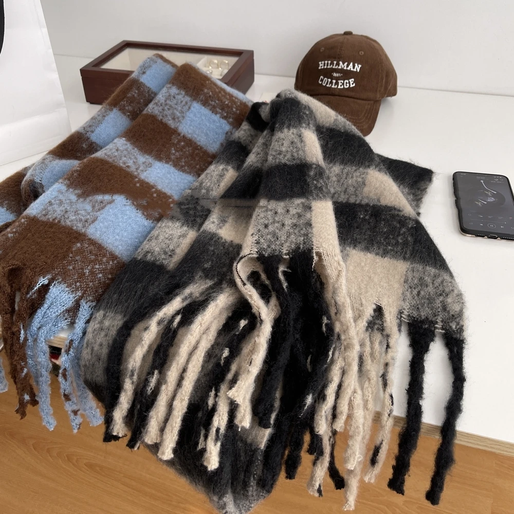 2024 Cashmere Women Plaid Scarf Winter Pashmina Shawls Cashmere Thick Wraps Lady Tassel Warm Scarves Rainbow Hairy Bufanda Stole