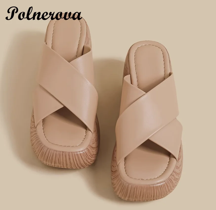 Retro Cross Strap Thick Soled Slippers for Women Designer Elegant Ladies Beach Sandals 2025 New Arrivals Zapatos Para Mujere