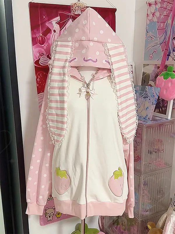 Cute Bunny Lace Trim Hoodie for Women Spring Fall Designer Sweet Japanese Style Girly Sweatshirts Jacket with Ears