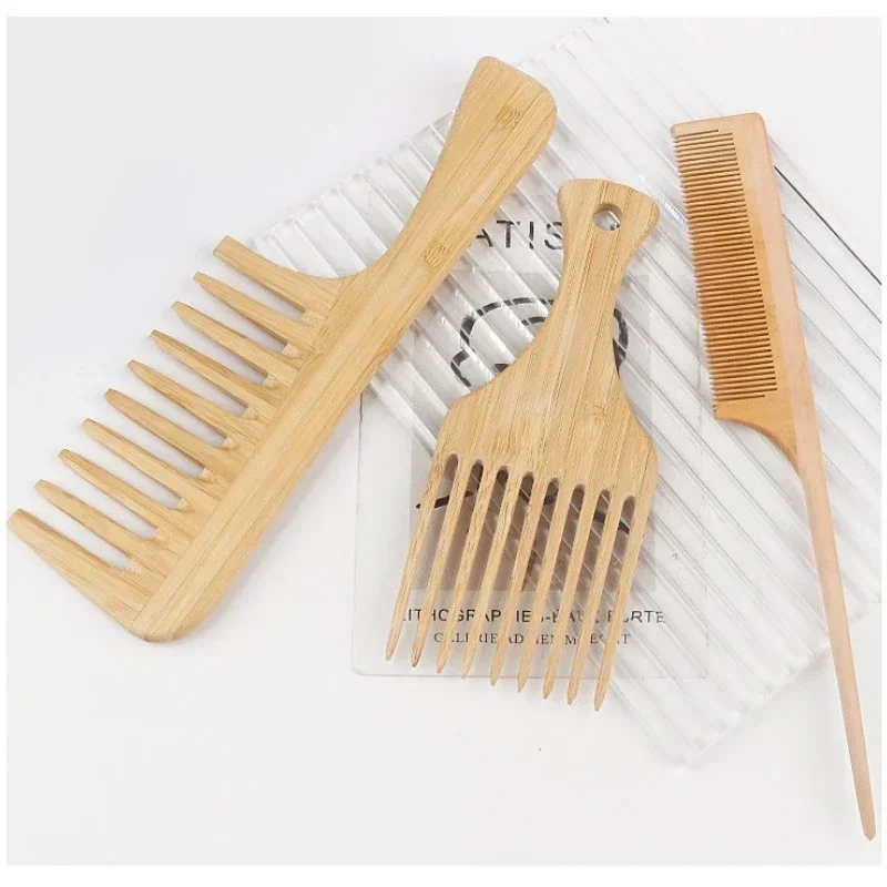 Natural Bamboo Wooden Hair Comb Anti-Static Afro Fork Interposing Combs Women Round Wide Tooth Wood Hair Brush Styling Tools