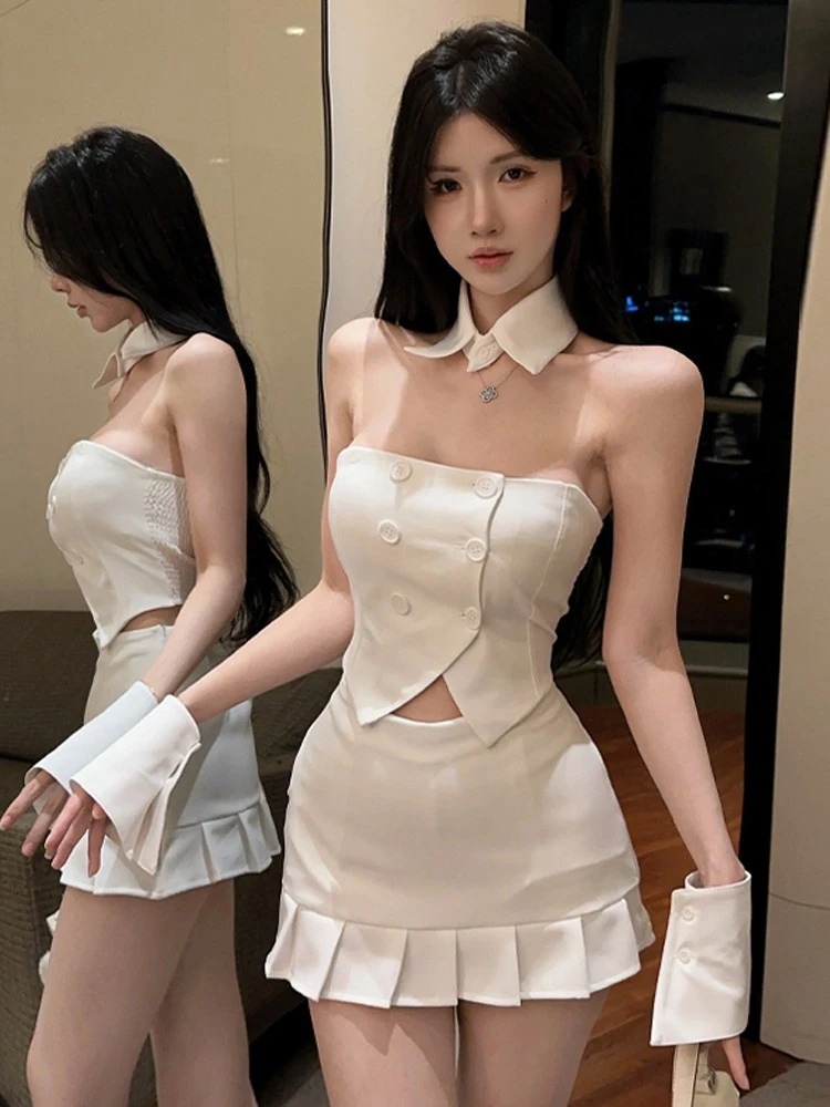 

Spicy girl's off shoudler double breasted design irregular slim fit slit strapless vest ruffled short skirt two-piece set