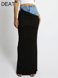 DEAT Fashion Wome Skirts High Waist Deconstruct Patchwork Panelled Asymmetry Denim Pleated Pockets Long Skirt 2024 New 17A2012H