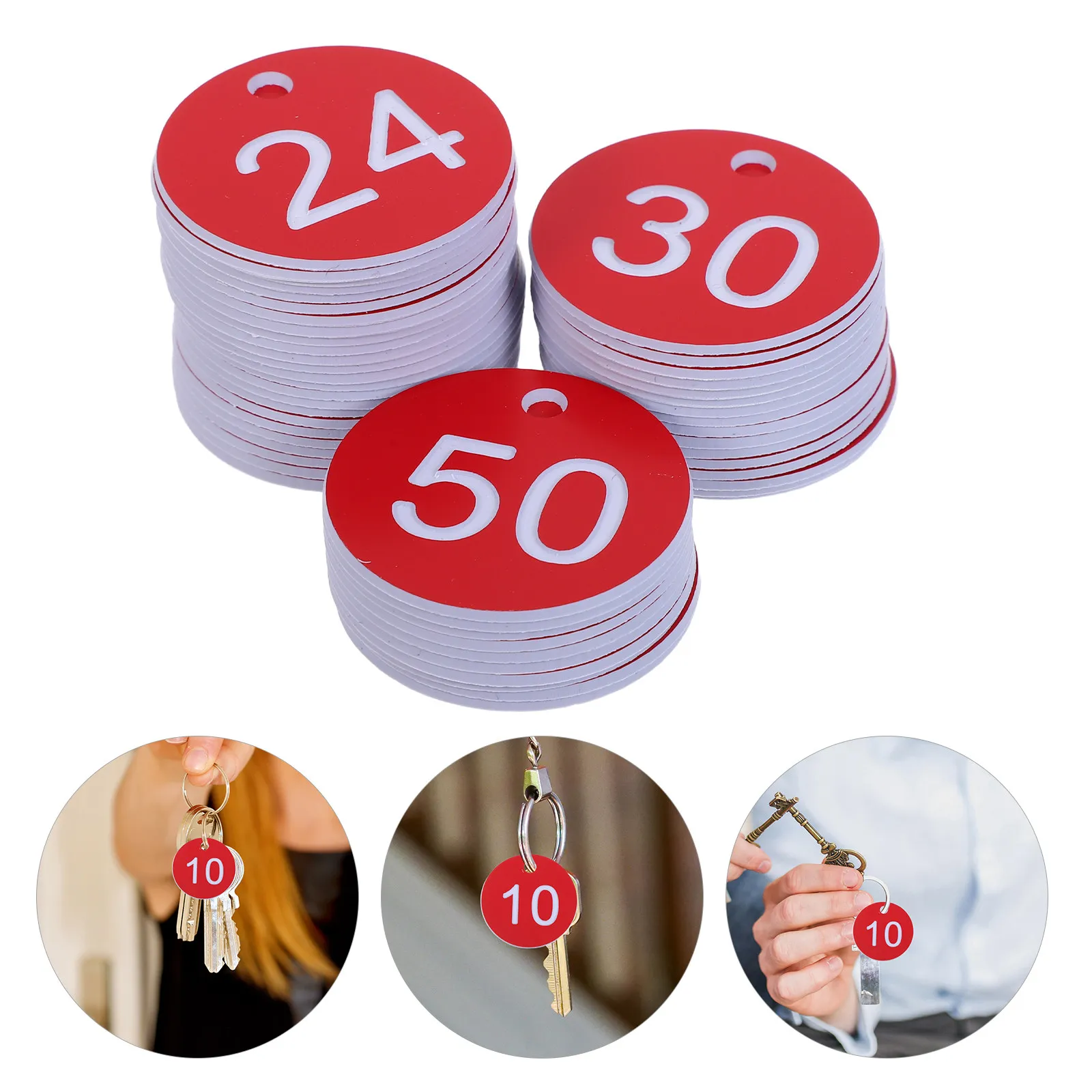

50Pcs Reusable Number Tags Round Plastic Key Labels Red Engraved Id for Office Home Garage Dormitory Item Organization