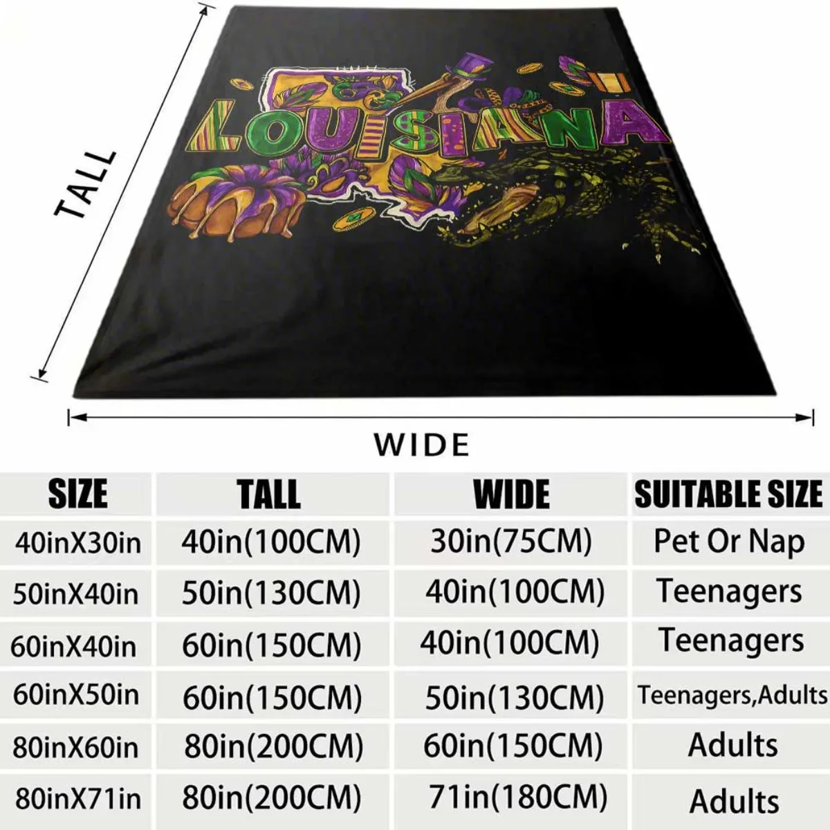 Mardi Gras Louisiana Pattern Flannel Blanket Lightweight Warm Plush Throw Blanket Colorful Carnival Alligator Art Decor Blanket