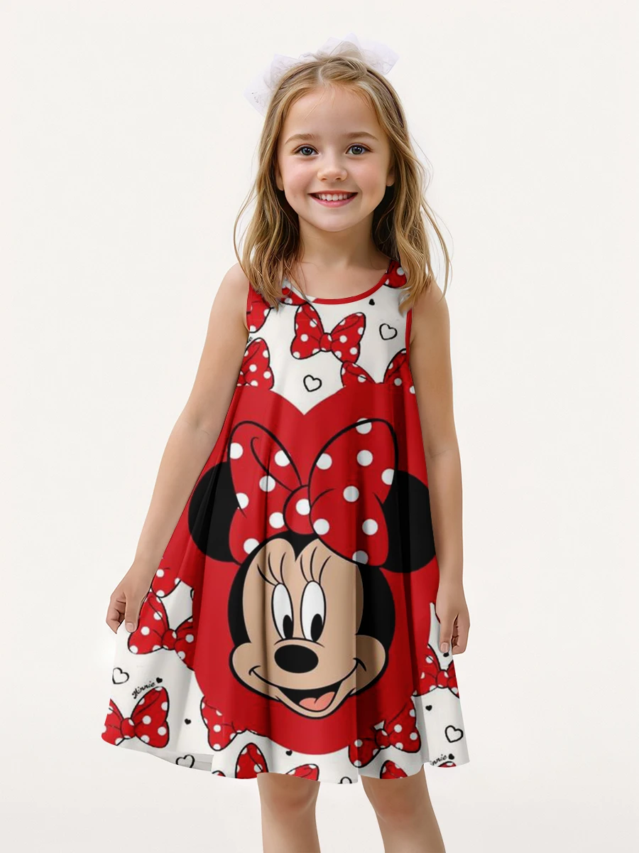 MINISO New Summer Girl Dress Mickey Mouse 3D Printed Cartoon Print Disney Fashion Girl Sleeveless Dress Fashion Party Princess