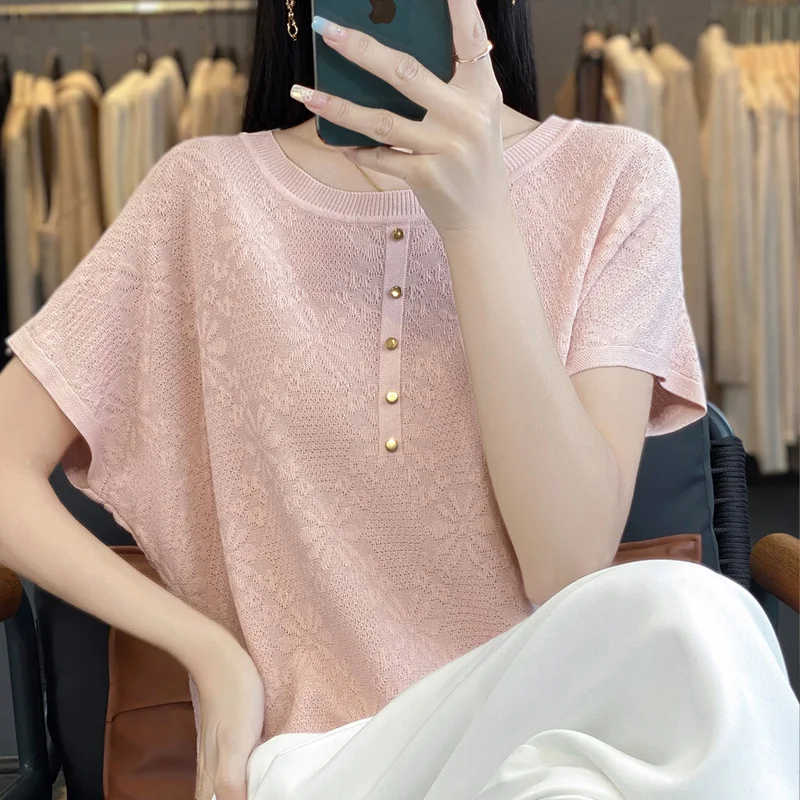 Summer women's fine spun wool knitted sweater short sleeved casual T-shirt fashionable round neck Tees loose Blouse Tops