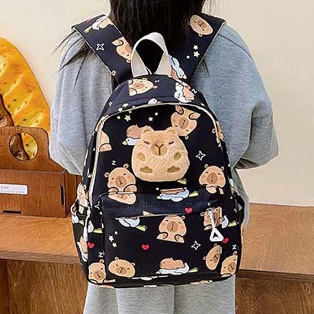 Doll Decoration Capybara Backpack Nylon Thickened Cartoon Animal Daypack Wide Straps Foldable Large Capacity School Bag Kids
