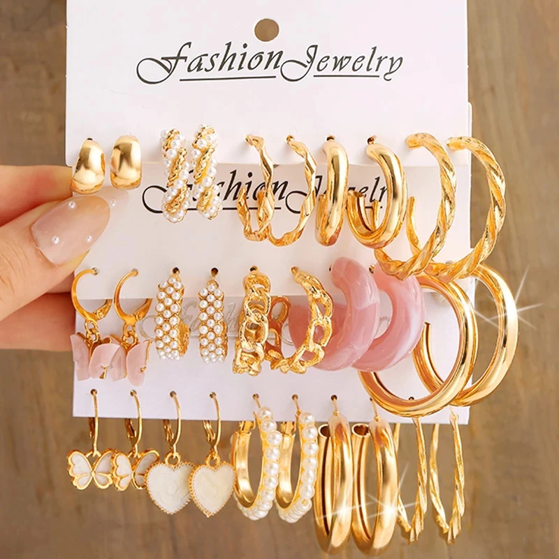 Gold Color Butterfly Hoop Earrings Set for Women Girls 2022 Trendy Geometric Snake Pearl Metal Acrylic Earrings Jewelry Gifts