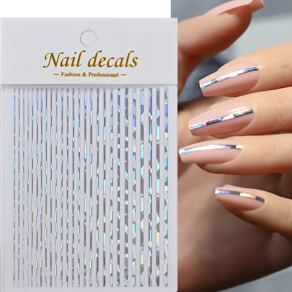 1szt Laser Silver Lines Stripe Nail Sticker Metallic Strip Luxury Slider Decals 3D Samoprzylepne naklejki do paznokci French Design