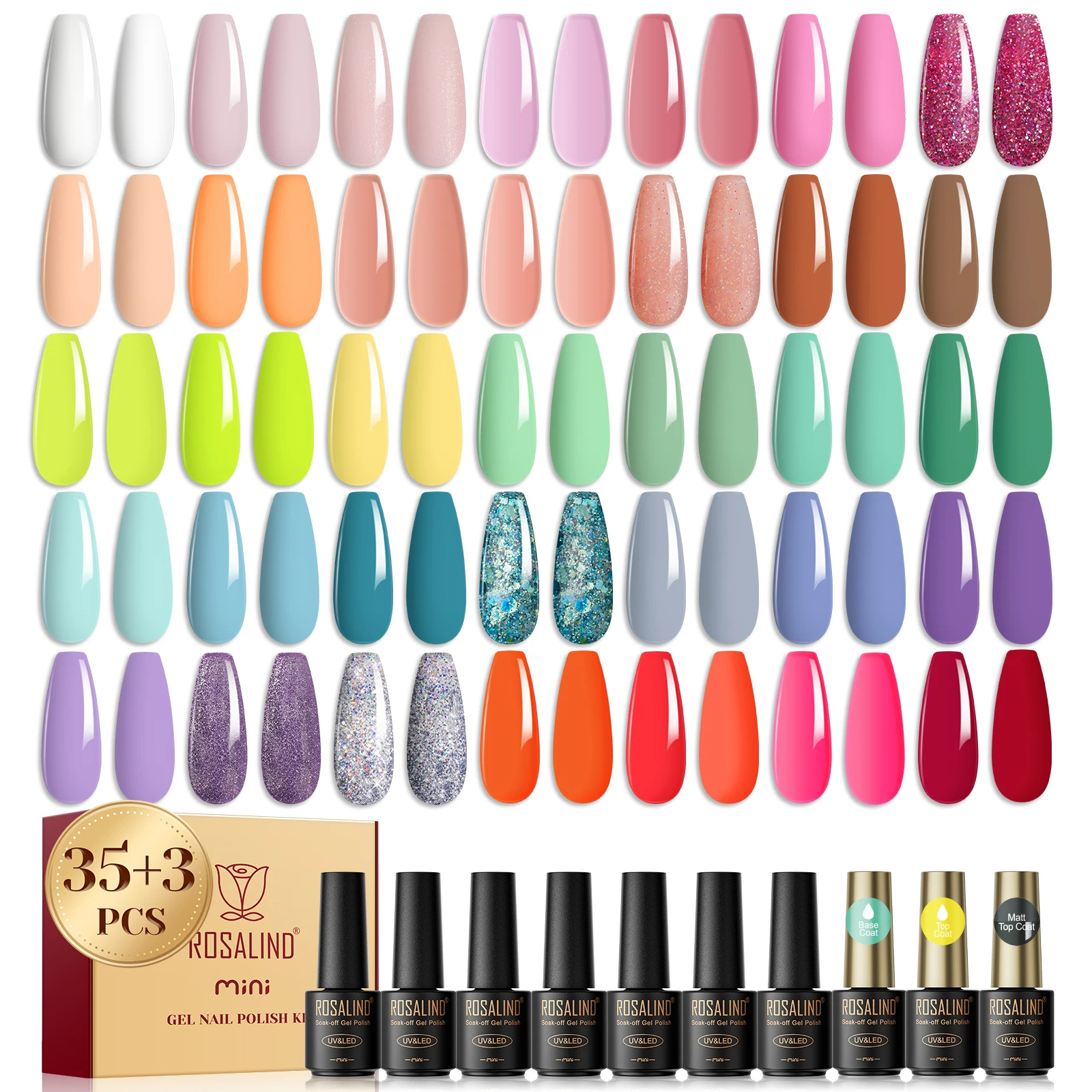 ROSALIND Nail UV Gel Set Soak Off  Nail Polishes Hybrid Semi Permanent Gel Varnishes Base Top Coat with 38pcs for Gift Box