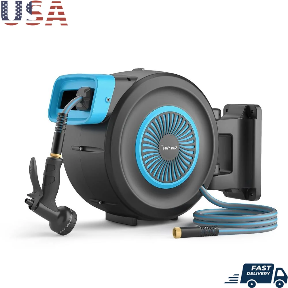 100FT Retractable Hose Reel with Swivel Wall Bracket RollControl Technology 9-Function Sprayer Nozzle Lock Slow Return UV