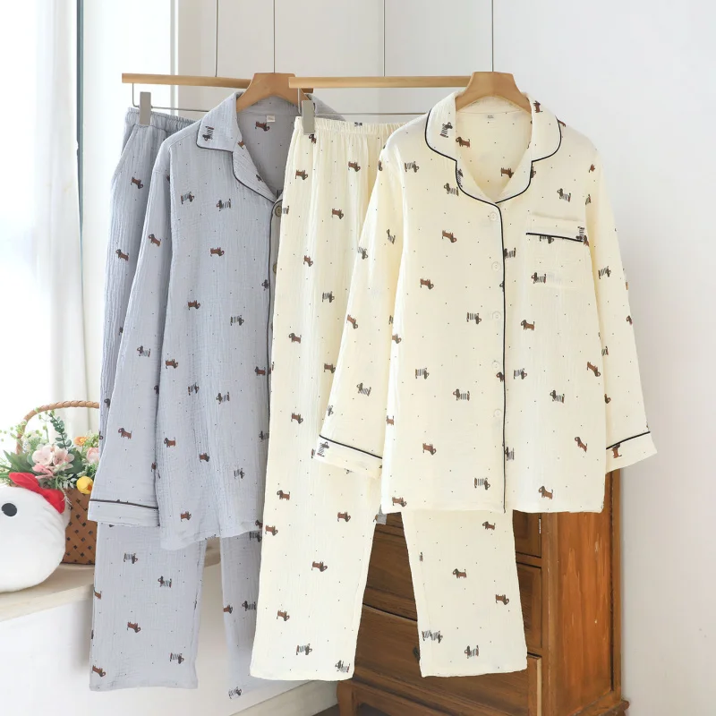 

Women's 2-Piece Pajama Set, Cartoon Double Gauze, Long Sleeve Relaxed Fit, Breathable Spring Fall Loungewear