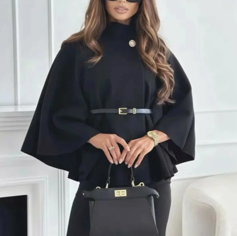 2025 Autumn Women's Short Cape Coat | Belted Faux Wool Elegant Cloak Jacket | Solid Color Casual Warm Outerwear for Ladies