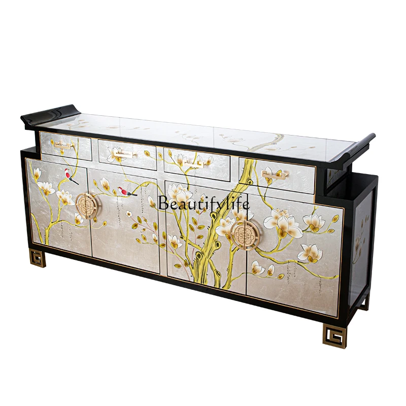 خزانة مدخل جديدة مطلية على الطراز الصيني بهو من الخشب الصلب على الحائط، وخزانة ديكور منزلية جانبية لتناول الطعام #1