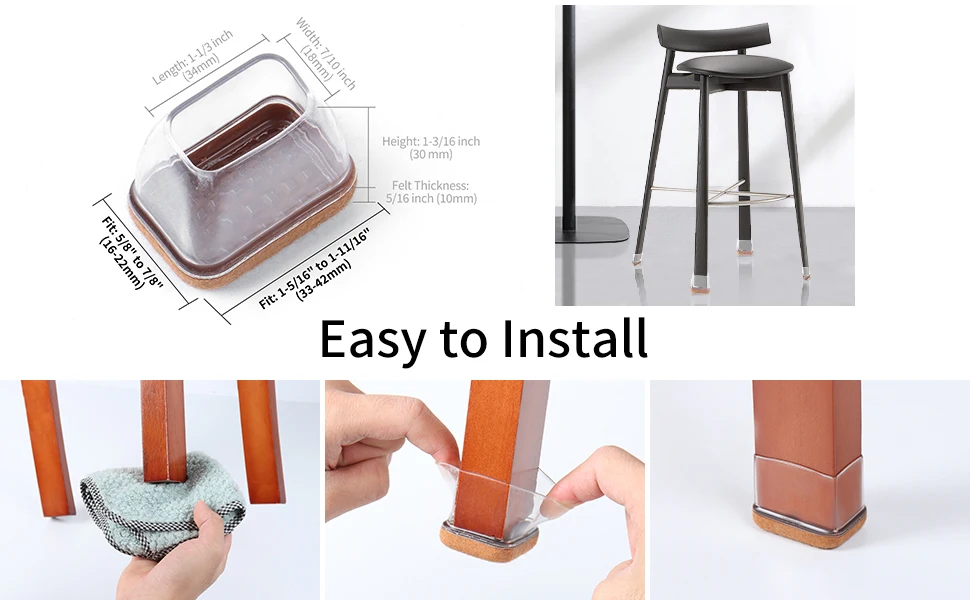 8 Stück rechteckige Stuhlbein-Bodenschutzkappen aus Silikon mit Filzfuß-Endkappen, Breite 22-32 mm, für Stühle und Tische, geräuscharm – Detail 9