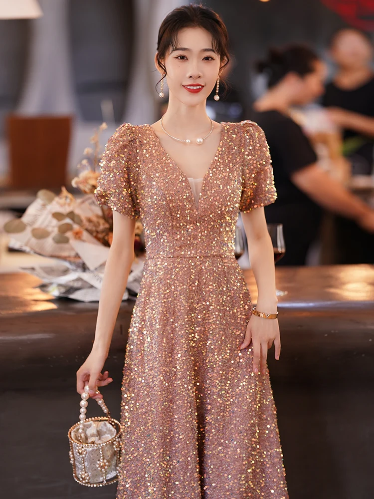 

Glittering Sequined Evening Dress V Neck Slim Long Cocktail Party Dress 2023 Fashion Female Banquet Prom Gowns