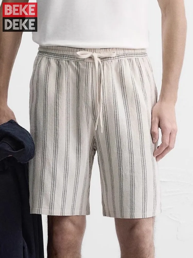 Mens Casual Striped Shorts Drawstring Linen Knee Length Straight Trousers Breathable Summer Streetwear Fashion Sweatpants Male