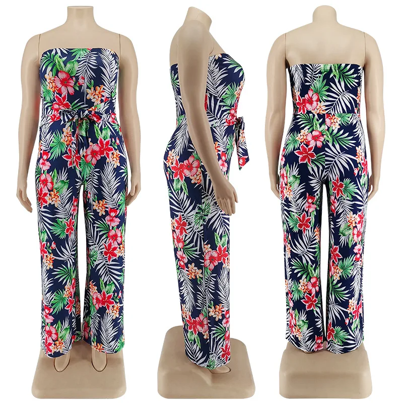 Plus size feminino 5xl macacões floral folha imprimir uma peça outfit 2022 verão casual sem mangas macacão atacado calças largas perna