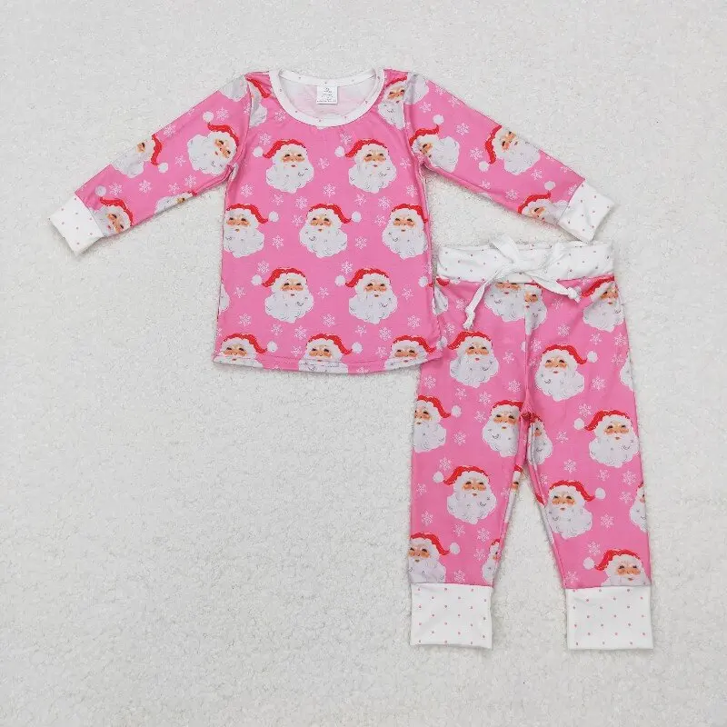 

X9.19 Girls Christmas Bamboo Pajamas Santa Pink Print Clothes Set Wholesale RTS Boutique Outfits Kids Sleeper Holiday Clothing