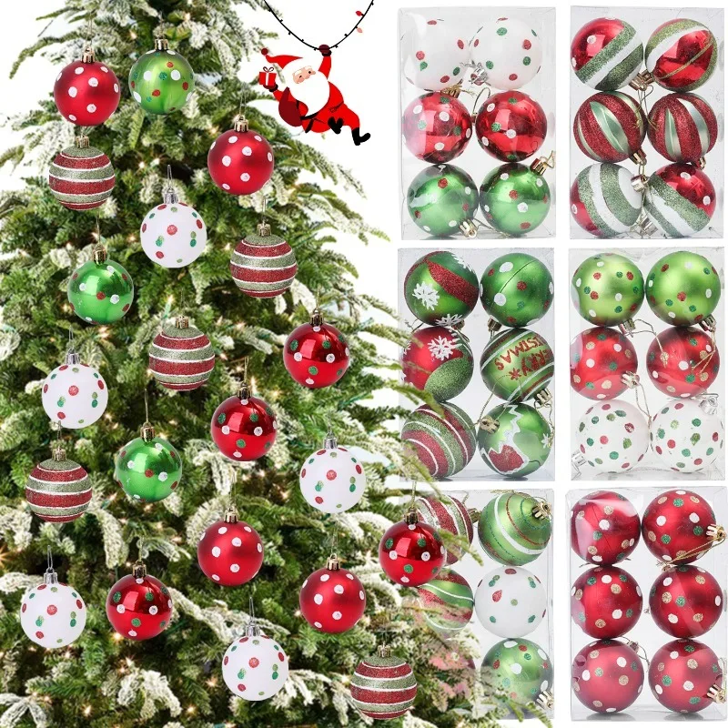 6-30Pcs Red Green Christmas Ball Ornaments Glittering Plastic Hanging Decorations White Spiral Spot Painting Balls for Xmas Tree