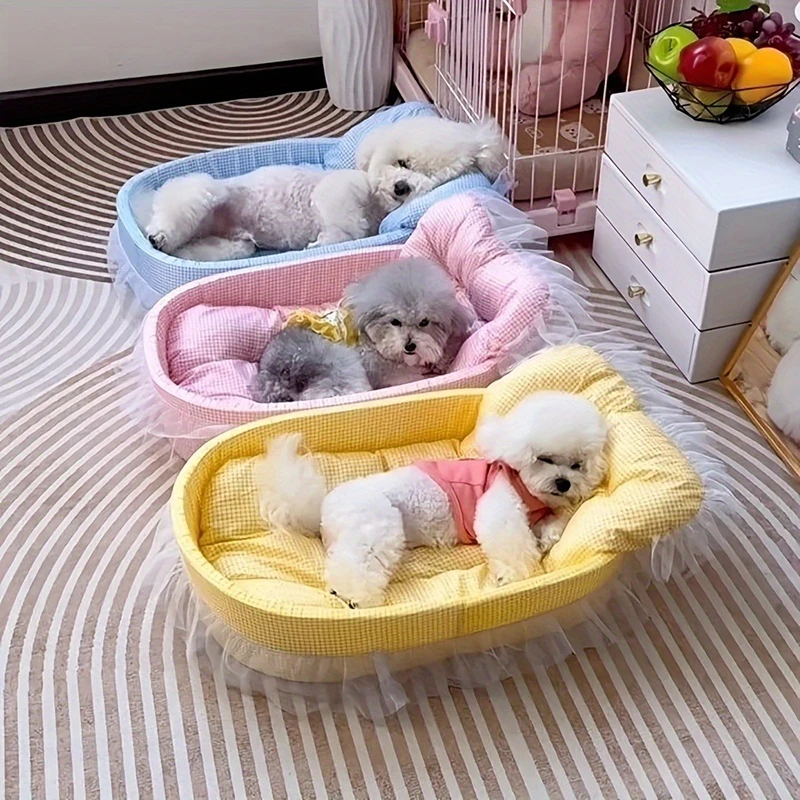 

Washable Soft Cute Pet Bed Set All-Season Soft Cat Sofa Bed with Lace Lattice Pattern for Dogs and Princess Chairs Pet Supplies