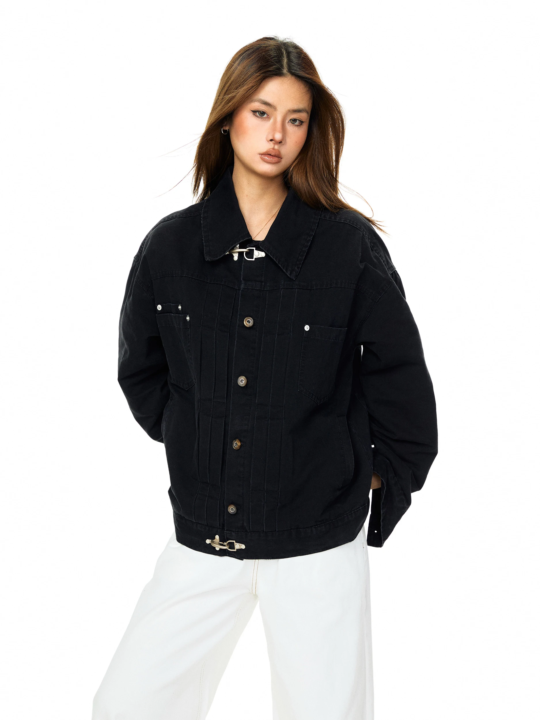 Blackbb American Washed Retro Deconstructed Collar Jacket Women's Spring Casual Versatile Workwear Coat Loose Fit Cotton Shor...
