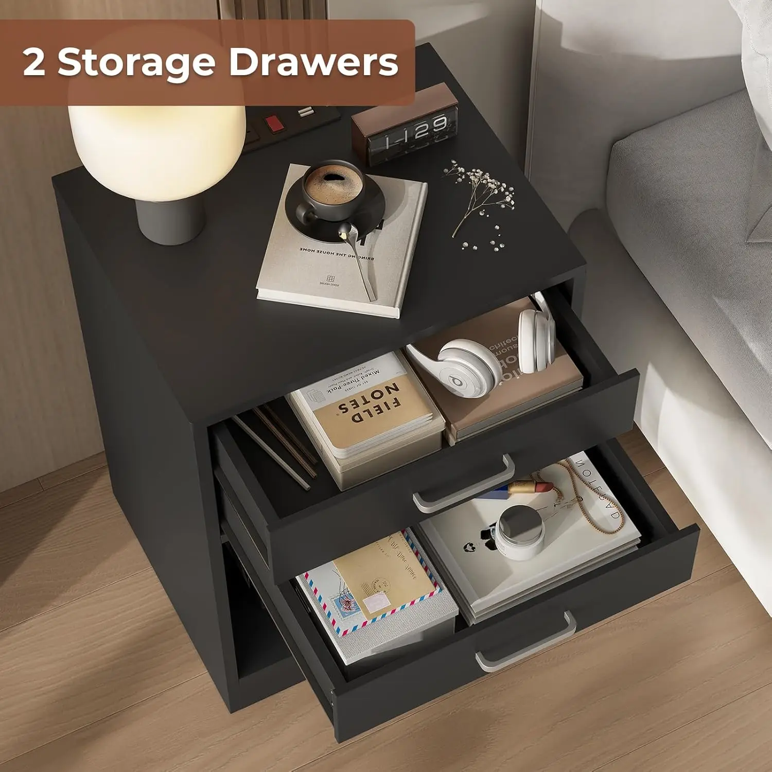 Night Stand Set 2,Black Nightstand with Charging Station & Drawers,Night Stands for Bedrooms Set of 2,Bedside Table wit image 5