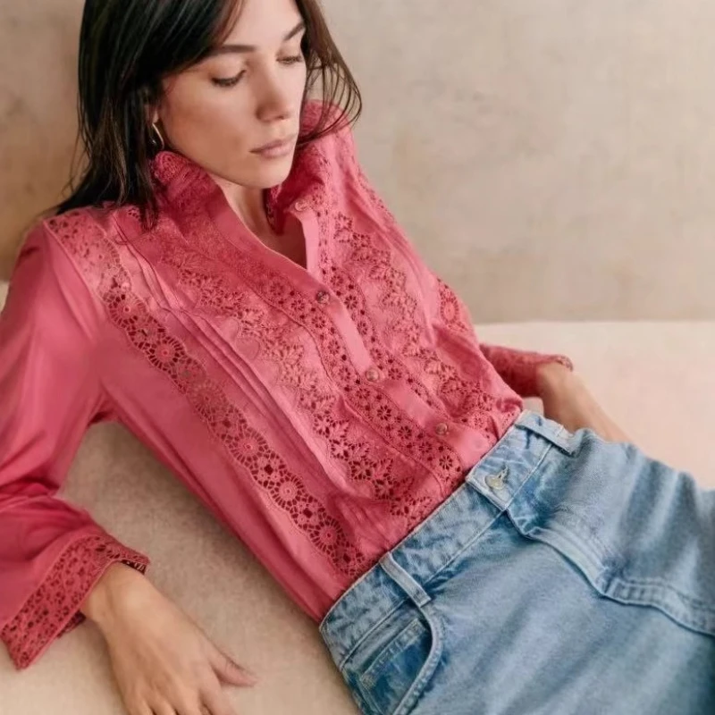 Sezanes fashion shirt T-shirt new retro embroidery hollow ruffled edge stand-up collar commuting versatile long-sleeved shirt