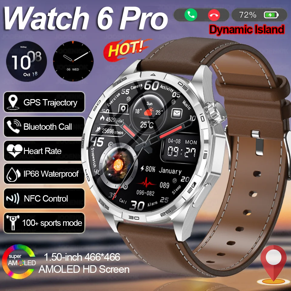 2025 ساعة جديدة 6 Pro Sports GPS ساعة ذكية للرجال HD عرض تتبع الصحة بلوتوث الاتصال الصوتي مساعد الرياضة Smartwatch