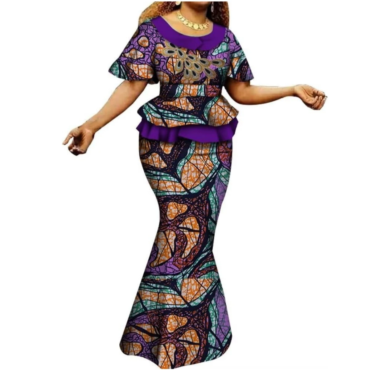 African Women 2pcs Suits Set Wedding Ankara Print Short Sleev Top Skirts Lady Dashiki Party Outfits Nigerian Clothing WY6402