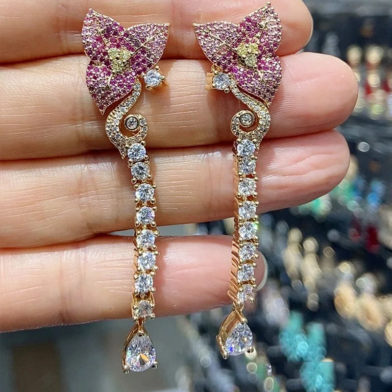 

2025 new trendy luxury earrings zircon pink white green flower plant long pendant chain tassel earrings for women party jewelry