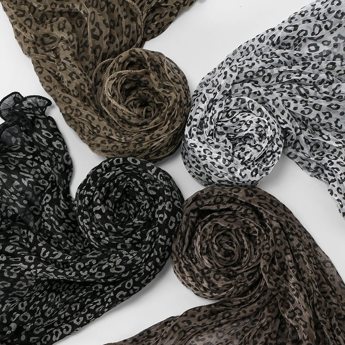 Fashion Leopard Print Crinkle Headscarf Women Retro Stripes Wrinkled Chiffon Long Scarf Ruffled Boho Dot Pleated Hijab Shawl