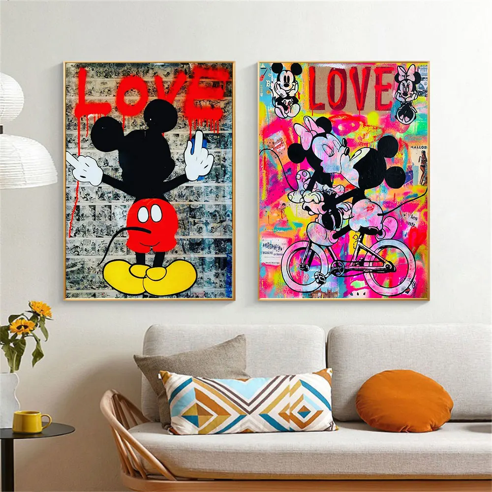 Classic Disney Cartoon Characters Mickey And Minnie  Love Wall Art Colorful Canvas Poser Decor Modern Living Room Study Room