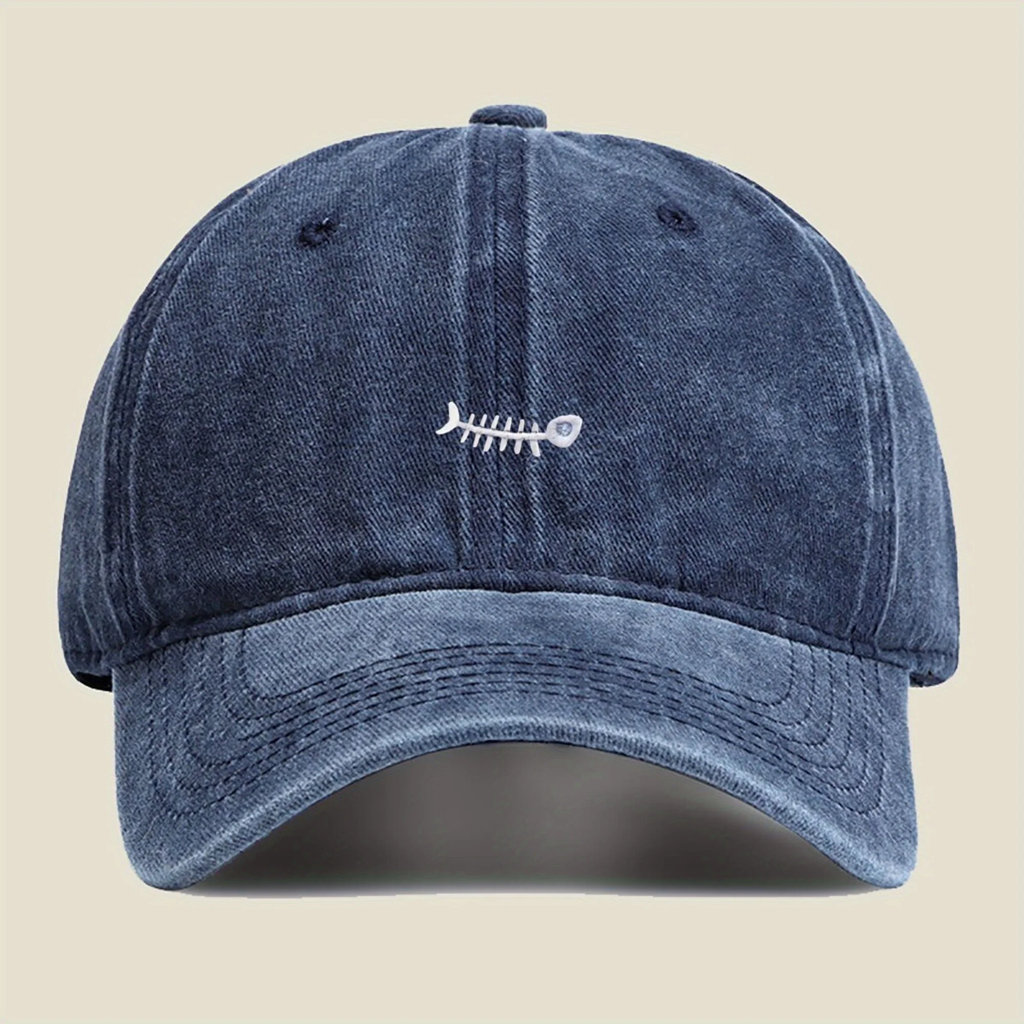 Small Fish Bone Print Washed Baseball Cap Unisex Summer Casual Sports Sun Hat