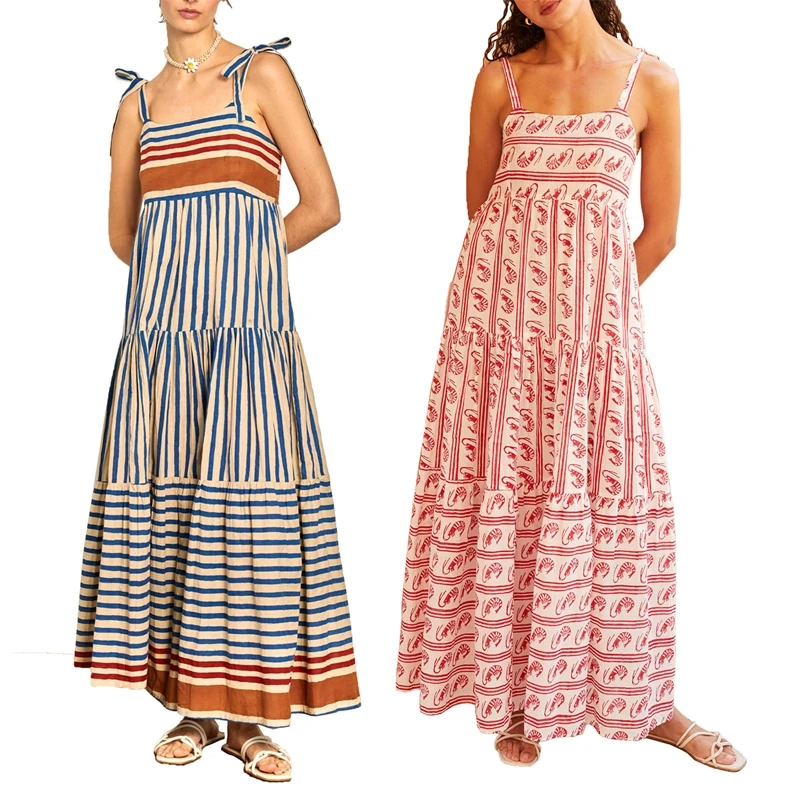 

Summer Casual Sleeveless Long A-Line Dresses Fashion Print Stripe Contrast Color Square Leader Lace Up Sling Dresses For Women