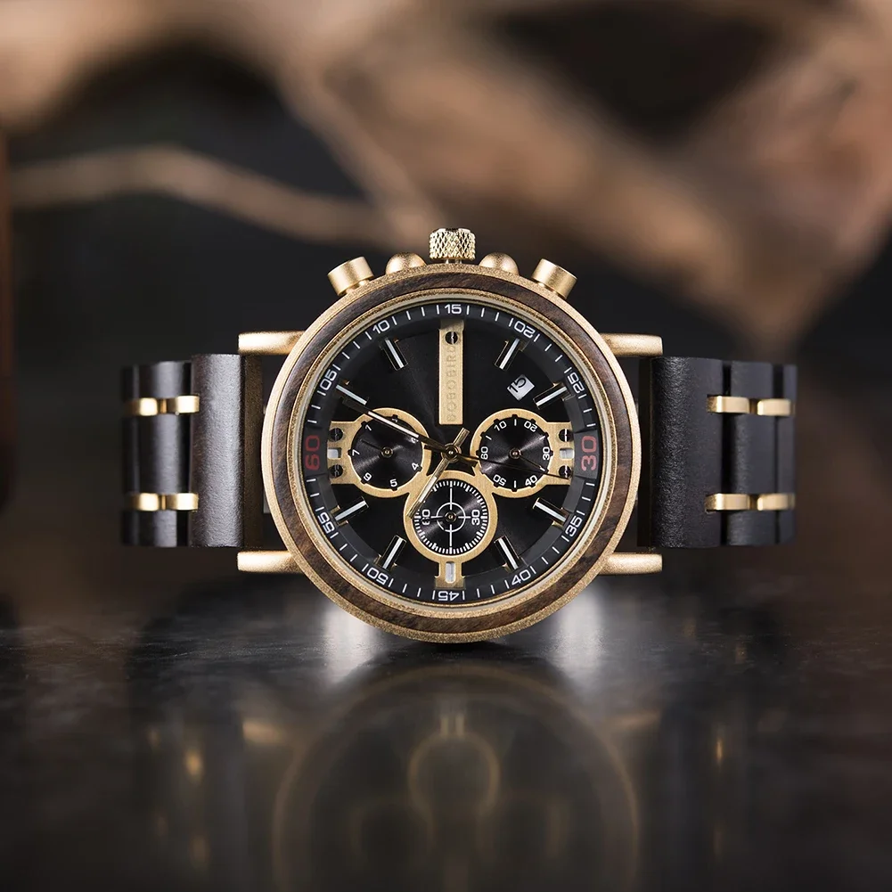 Customize Logo Name Men Wood Watches BOBO BIRD Fashion Calendar Stopwatch Personalized Quartz Wristwatches Gift Dropshipping