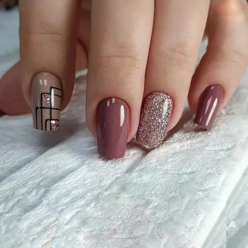 24Pcs Mid-length False Nails Pink Square Fake Nail with Lotus Design Wearable Ballet Press on Nail Sequin Decor Full Cover Tips