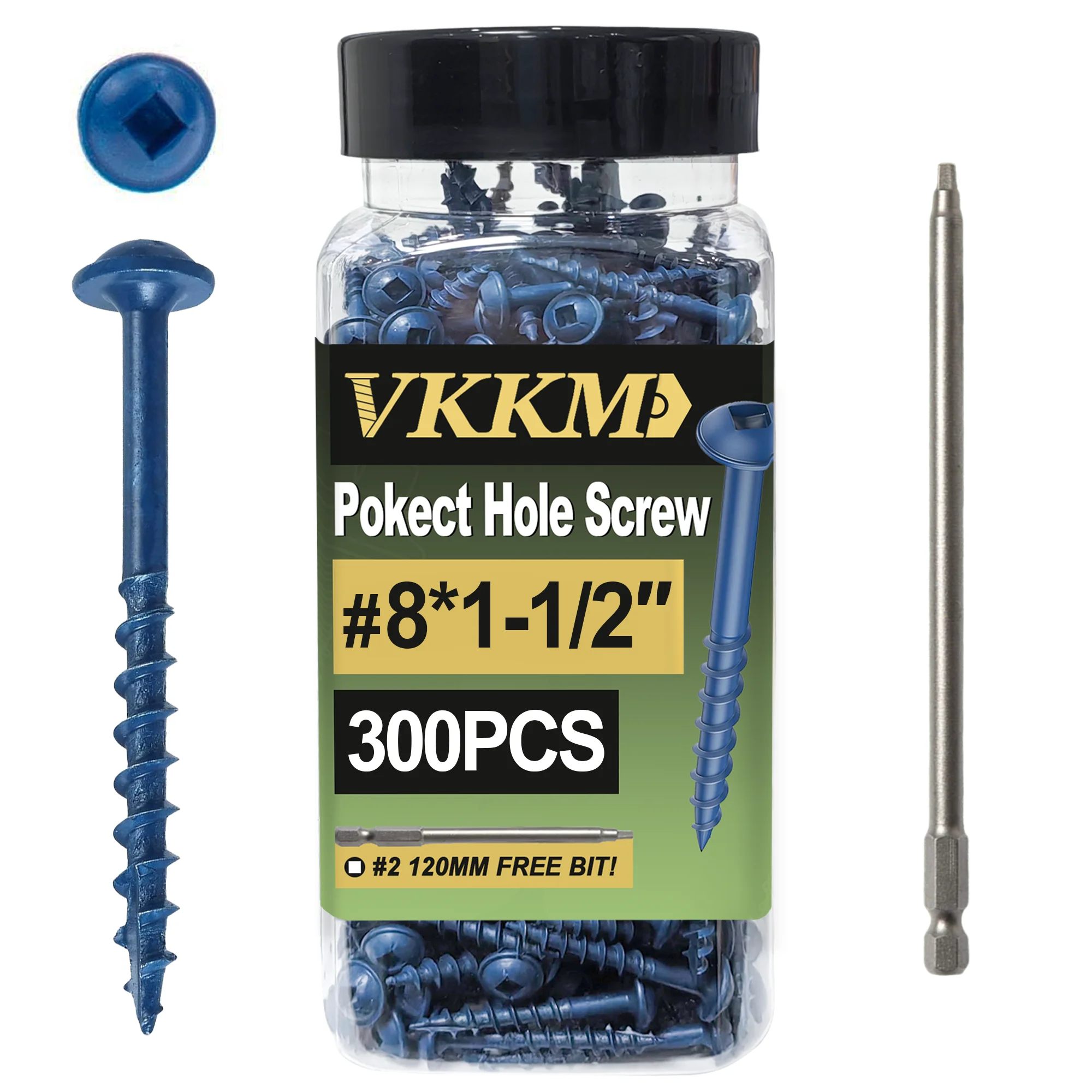 

VKKM 300-500 Pcs Pocket Hole Screws 8-1/2 in, Blue Coated Pocket Hole Screws, Coarse Thread, Washers with Square Driver Heads
