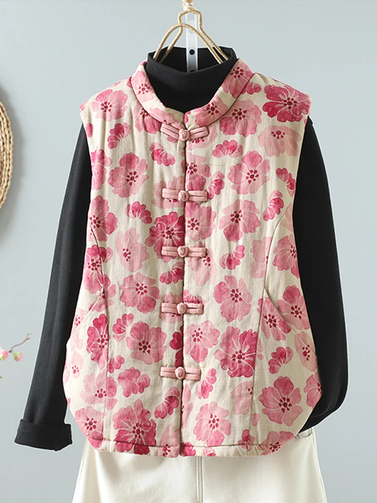 

Chinese Style Vintage Floral Print Women Waistcoats 2025 New Autumn Winter Stand Collar Buttons Thick Warm Quilted Vest Coat