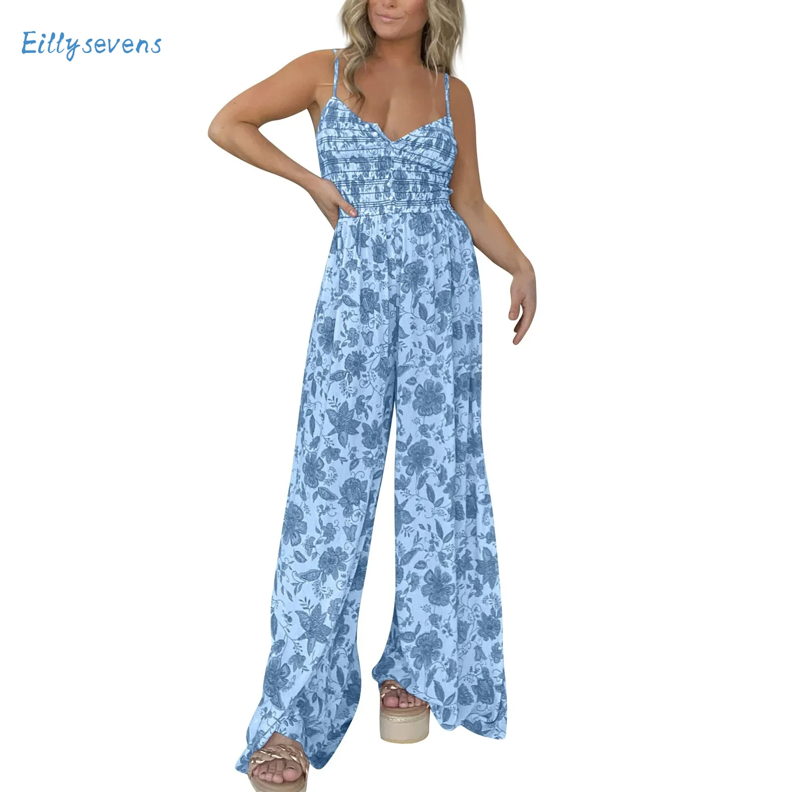 

Women'S Summer Jumpsuits Causal V Neck Flower Printed Suspender Wide Leg Jumpsuits High Waist Elasticity Floor-Length Jumpsuits