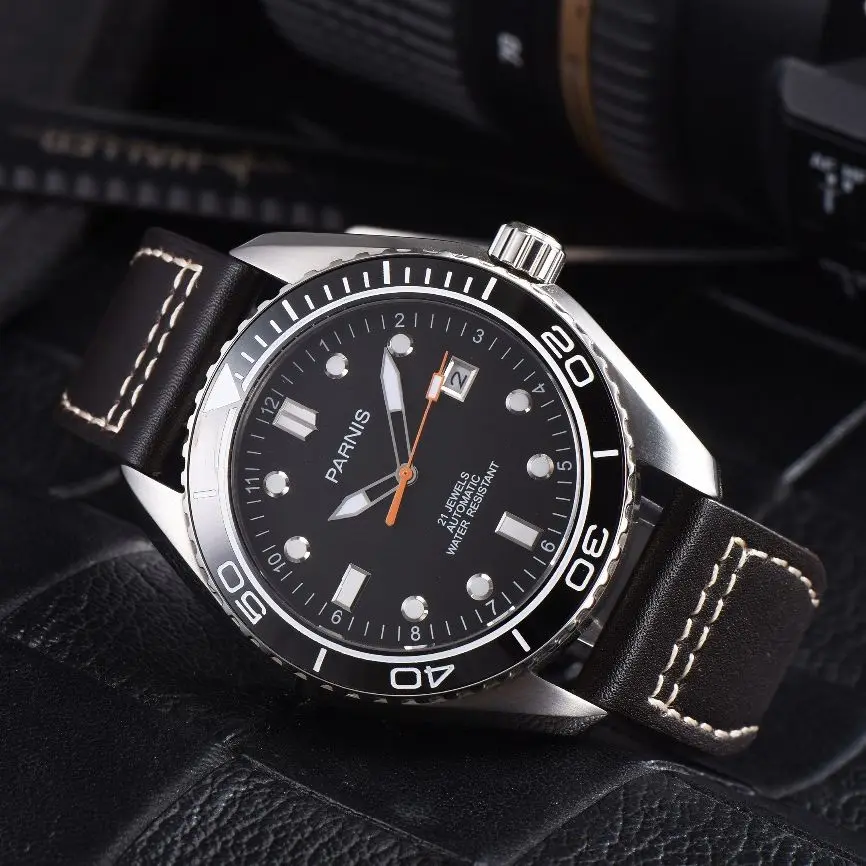 45mm Parnis Waterproof Diver Automatic Watch Mechanical Watches Ceramic Rotating Bezel 5ATM Sapphire Wrist Watch Men Gift PA6032