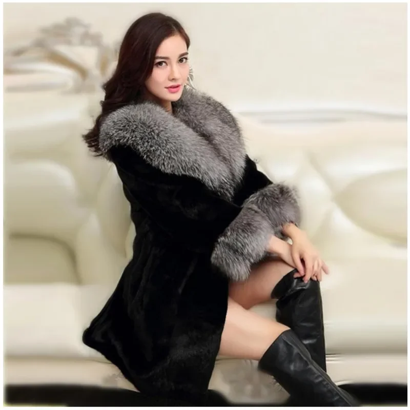 Winter Women Thickening Mid-length Trench Elegant Faux Fur Collar Long Sleeve Imitation Fur Coat Outwear Jacket