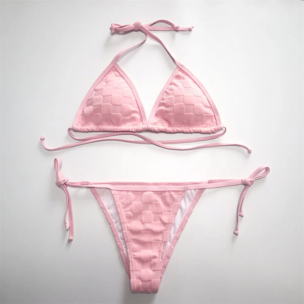 

Pink Grid Bikini Embossed Plaid Extreme Swimsuit Push Up Backless Vacation Swimwears Micro Thong Women Beach Outfit Bathing Suit