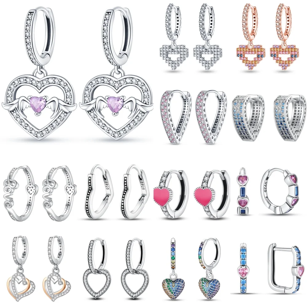 925 Sterling Silver Sweet Lovely Love Heart Series Jewelry Fashion Zircon Circle Hoop Earrings For Women Jewelry Gift Accessory