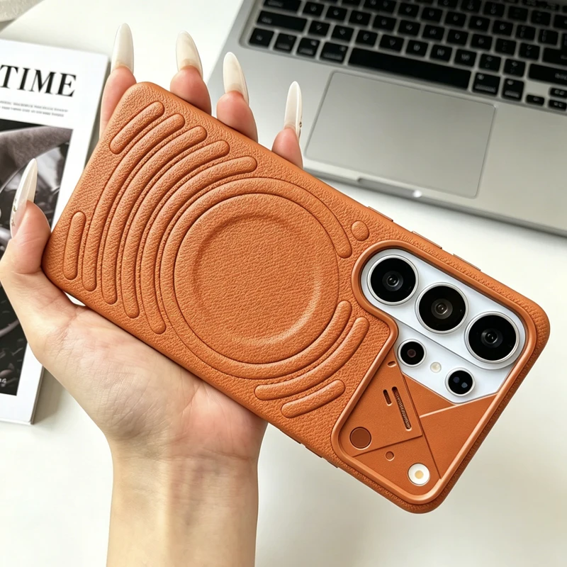Case For Samsung Galaxy S26 S25 S24 Ultra Magnetic Skin Feel Ripple Pattern PU Leather +TPU Matte Cover with Metal Camera Lens