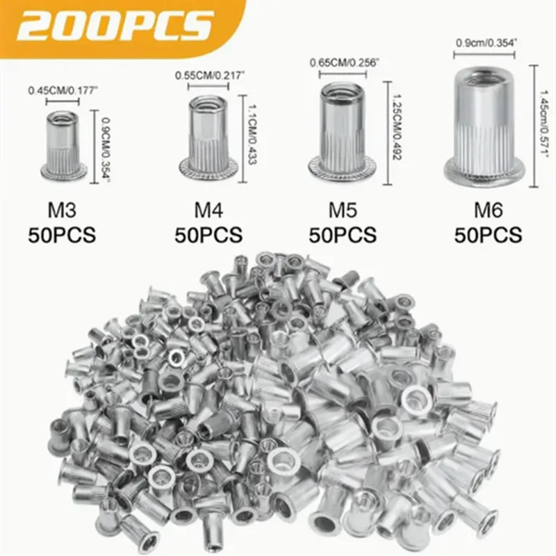200pcs 304 Stainless Steel Rivet Nut Flat Head Vertical Pattern Ram Nail M3M4M5M6 Combination Kit
